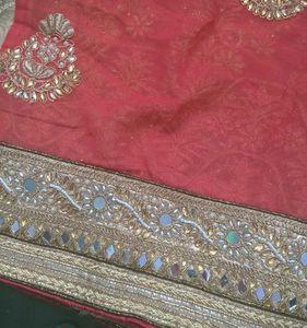Exquisite Dual-Tone Mirror Work Saree Peach Orange