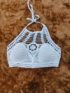 White Crochet Halter Bikini Top