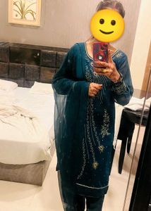 Elegant Teal Kurta Set  pant duptta hand work ston