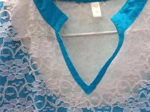 Mesh Detailed Blue & White Kurta