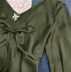 Olive Green Bell Sleeve Tie-Front Top