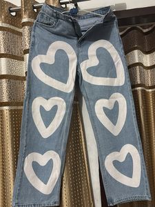 Heart Print Wide Leg Jeans
