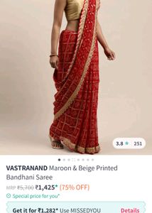 Price Drop - Maroon &amp; Beige Printed Bandhani Saree