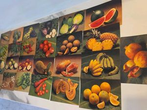 picture cards, toy cars, tennis ball, ceramic toys