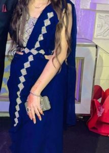 Elegant Navy Blue Ruffled Ethnic Saree