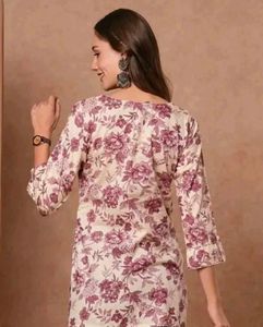 Floral Print Kurta with Embellished Neckline