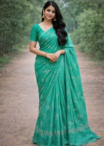 Elegant Green Embroidered Saree with readymade blo