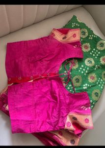 Vibrant Pink Silk Blouse with Green Bandhani Dupat