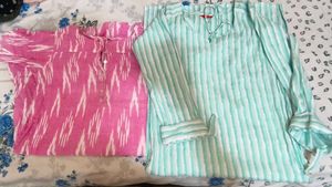 2 Kurtis Combo | Pink Printed + Blue Striped