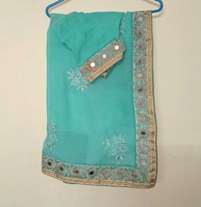 Beautiful Teal Saree with Mirror Work