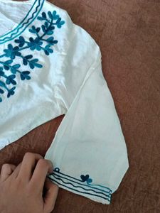 White Kurta with Blue Embroidery