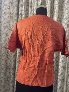 Orange Linen Blend Button-Up Top