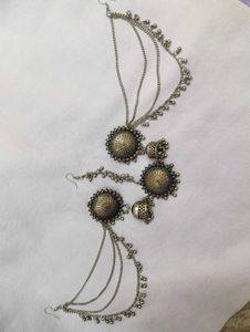 Oxidized Silver Jhumka Earrings &amp; Head Chain