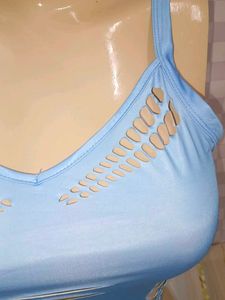 (400)Blue Cutout Crop Top