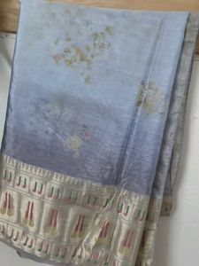 Elegant Grey+ light bluish Floral Saree