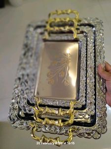 Decorative Silver &amp; Gold Serving Tray 3pic