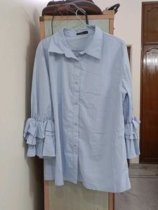 Light Blue Ruffle Sleeve Shirt