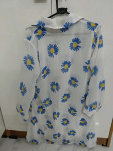 mesh White Daisy Print Button-Up Shirt