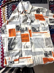 Unique Newspaper Print Button-Up Shirt