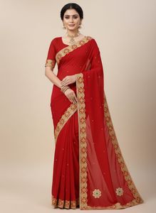 Red Saree with Golden Border