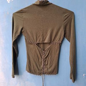 Green Turtleneck Top with Back Detail