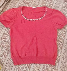 Coral Beaded Neckline Short Sleeve Top