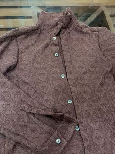 Brown Textured Button-Up Top