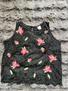 Black Lace Embroidered Rose Top