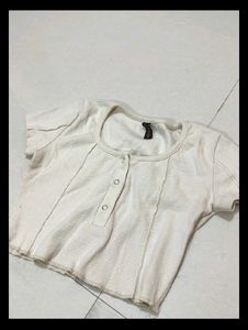 Cream Ribbed Henley Crop Top