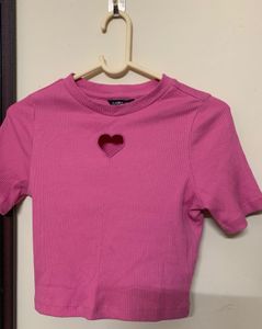 Pink Heart Cutout Ribbed Crop Top