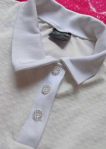 White Textured Polo Neck Top