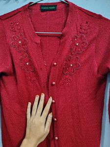 Fashion Thrill Red Floral Embellished Cardigan