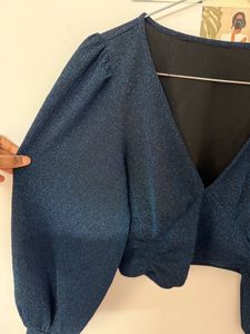 Sparkly Navy Blue Balloon Sleeve Crop Top