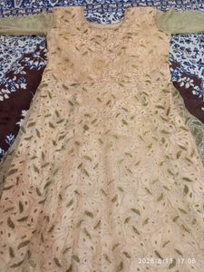 Elegant Beige &amp; Gold Anarkali Gown