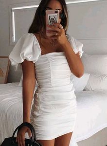 White Puff Sleeves Mini Bodycon Dress