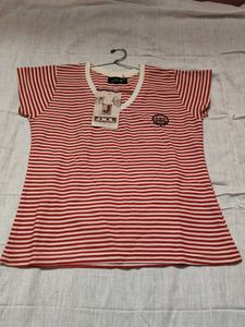 Red &amp; White Striped V-Neck Top