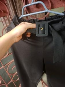 Black Pant With Belt And Pink Ribbed Crop Top