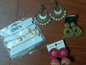 3 Pairs Jhumka Earrings and bracelet Set