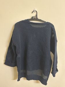 Navy Blue Mesh Knit Sweater