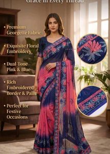 Embroidered Georgette Saree - Pink & Navy