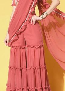 Ruffled Pink Ready To Wear Sharara Saree