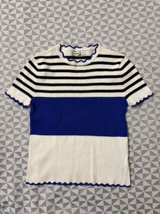 Striped Ribbed Knit Top with Scallop Trim