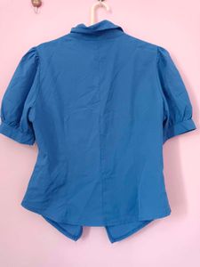Blue Puff Sleeve Button-Up Shirt