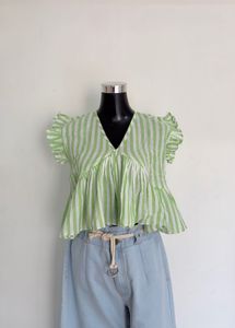 Striped Ruffle Sleeve Peplum Top