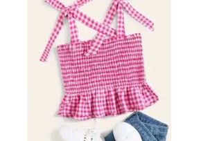 Pink Gingham Smocked Top with Tie Straps