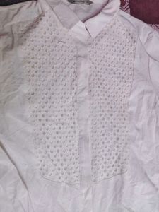 White Lace Detail Button-Up Shirt