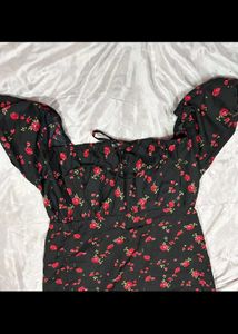 Korean black red rose Floral Print Midi slit Dress