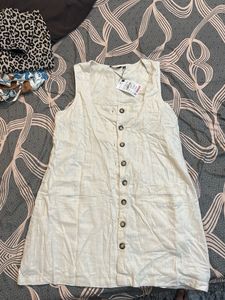 Cream Button-Front Linen Dress