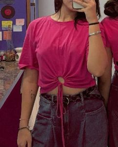 Hot Pink Cut-Out Tie-Front Crop Top