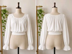 White Smocked Waist Long Sleeve Blouse